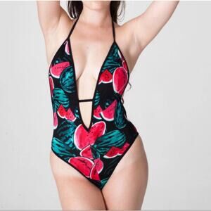 American Apparel Watermelon Print Plunge One Piece Swimsuit S Small
